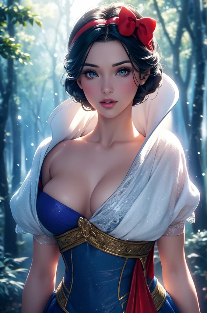  Snow White , realistic 1.2,   Snow White , disney princess, with short hair,  Red ribbon on the head,  BIG BREASTS, athletic body, trees behind, cosplay da  Snow White , vfx (Visual Effect)  highlights intricate anatomical features in a perfect way. sfx, complement visual art, immersing the viewer. The level of detail is inspiring,  with meticulously crafted intricate elements ,  Volumetric effects add depth and dimension , and the photorealism is unmatched.  The image is rendered in 8K resolution ,  guaranteeing super detailed visuals,  highlighting their beauty and the aura of a supernatural form .  High Dynamic Range technology  (HDR)  makes the cores stand out , adding richness to the overall composition. Finally, this art presents an unreal portrait.