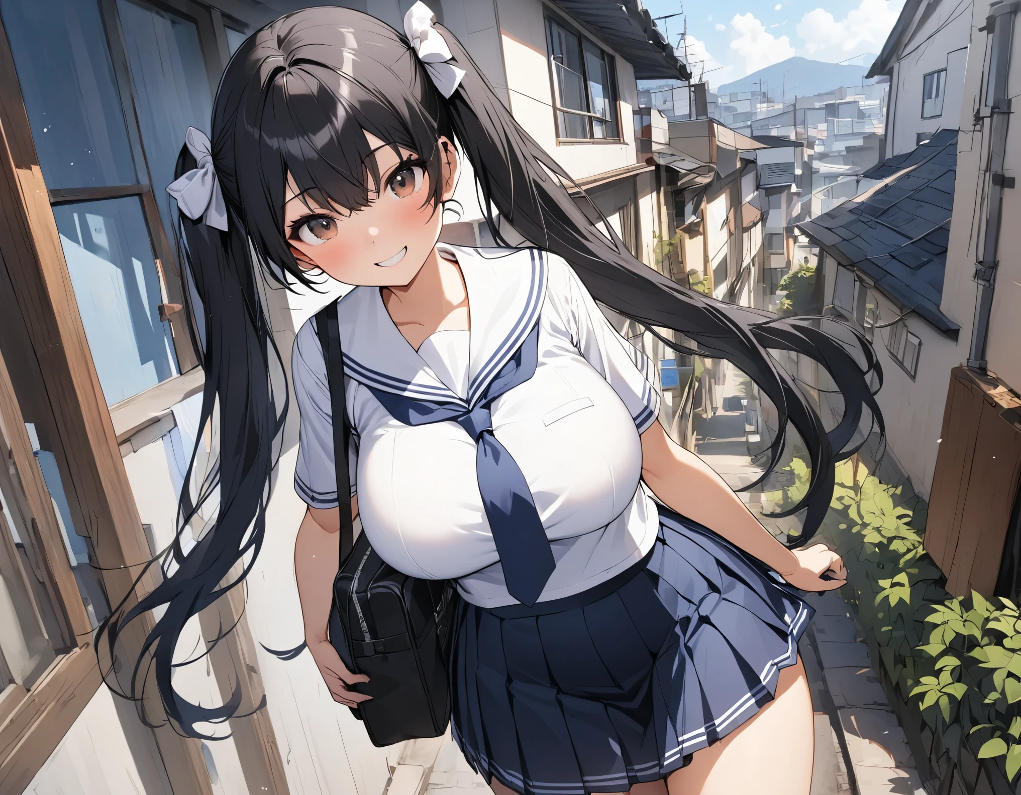 The background of a solo standing figure is a composition seen from a distance in a residential area, black hair, twin tails, medium length hair, brown eyes, white bows, big breasts, thick legs, dark blue ties, dark blue high school skirt wearing a white summer sailor suit, dark blue, dark blue high school girl with a Boston bag and smiling happily while trying to get home from school