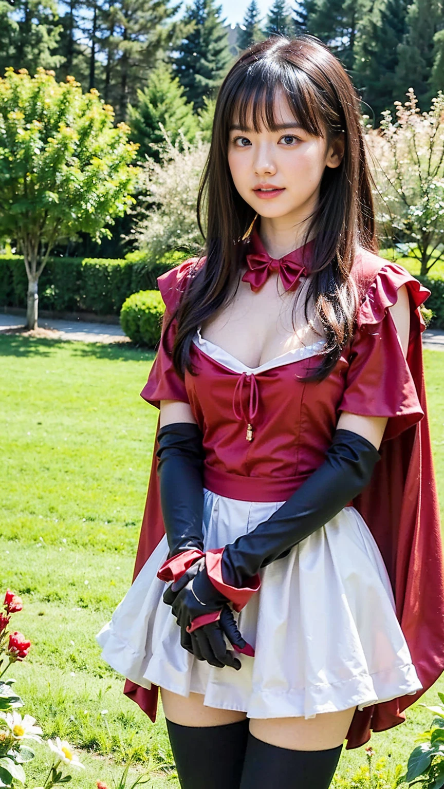 ultra realistic, (photorealistic:1.4), ultra high res, 1girl, looking at viewer, (masterpiece), (best quality), depth field,
maou, horns, choker, fur trim, black cape, long red dress, <lora:maou-nvwls-v2:1>,
ricefield background, happy, smile,