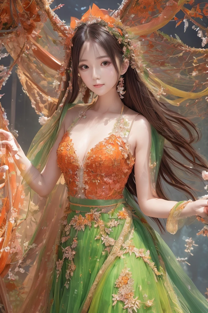 Portrait photograph of a Korean idol dressed as a pumpkin fairy, her outfit featuring a corset top with pumpkin orange and green accents and a short, flared skirt. She wears a leafy crown made of vines and carries a staff with a glowing jack-o'-lantern at the top. Her makeup is light and whimsical, with orange blush and shimmery green eyeshadow. Her wings are translucent, with delicate patterns that shimmer in the light. The background is a magical forest lit by fireflies, adding a touch of enchantment to her cute, autumnal look.