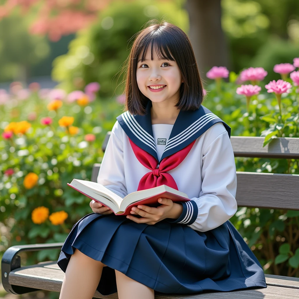 (masterpiece, best quality:1.2), 1girl, solo, wearing sailor uniform, cute expression, detailed uniform, sailor collar, pleated skirt, holding a book, sitting on a bench in a garden, lush foliage, warm lighting, vibrant colors, photorealistic, highly detailed