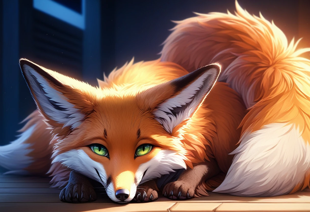 Extreme detail, full body, Detailed eyes, (Shaded), (Detailed lighting), (Cinematic lighting), (Masterpiece, hi res, high resolution, High details, Best quality, high sharpness:1.3), high definition, BREAK, woven, beautiful, cute, fox ears, whiskers, (long and fluffy fox tail), (digitigrade, fox paws on feet), (elongated fox snout), orange fur, green eyes, feral fox, feral, animal, kitsune, red fox, lying on ground curled up with tail wrapped around self, smiling cutely, looking at viewer, night