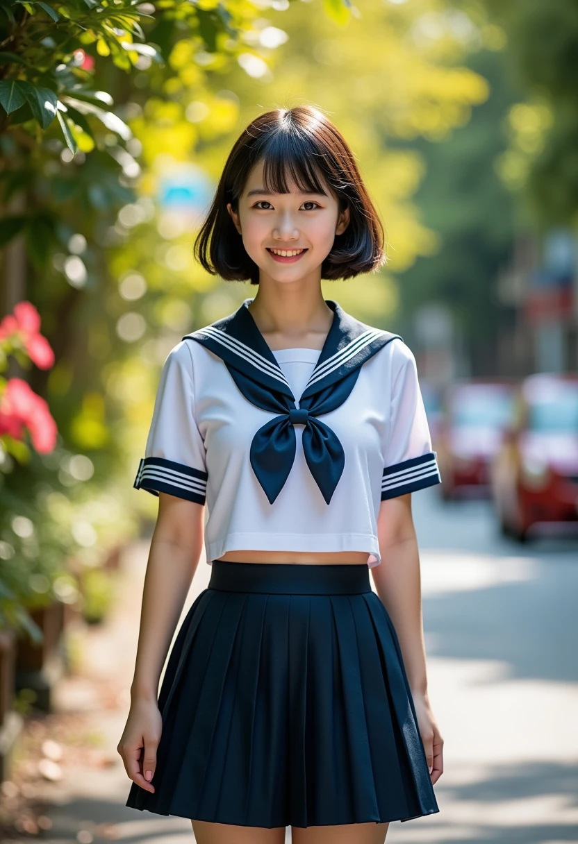 (masterpiece, best quality:1.2), 1girl, solo, wearing sailor uniform, cute expression, detailed uniform, sailor collar, pleated skirt, walking on the city road along , lush foliage, warm lighting, vibrant colors, photorealistic, highly detailed