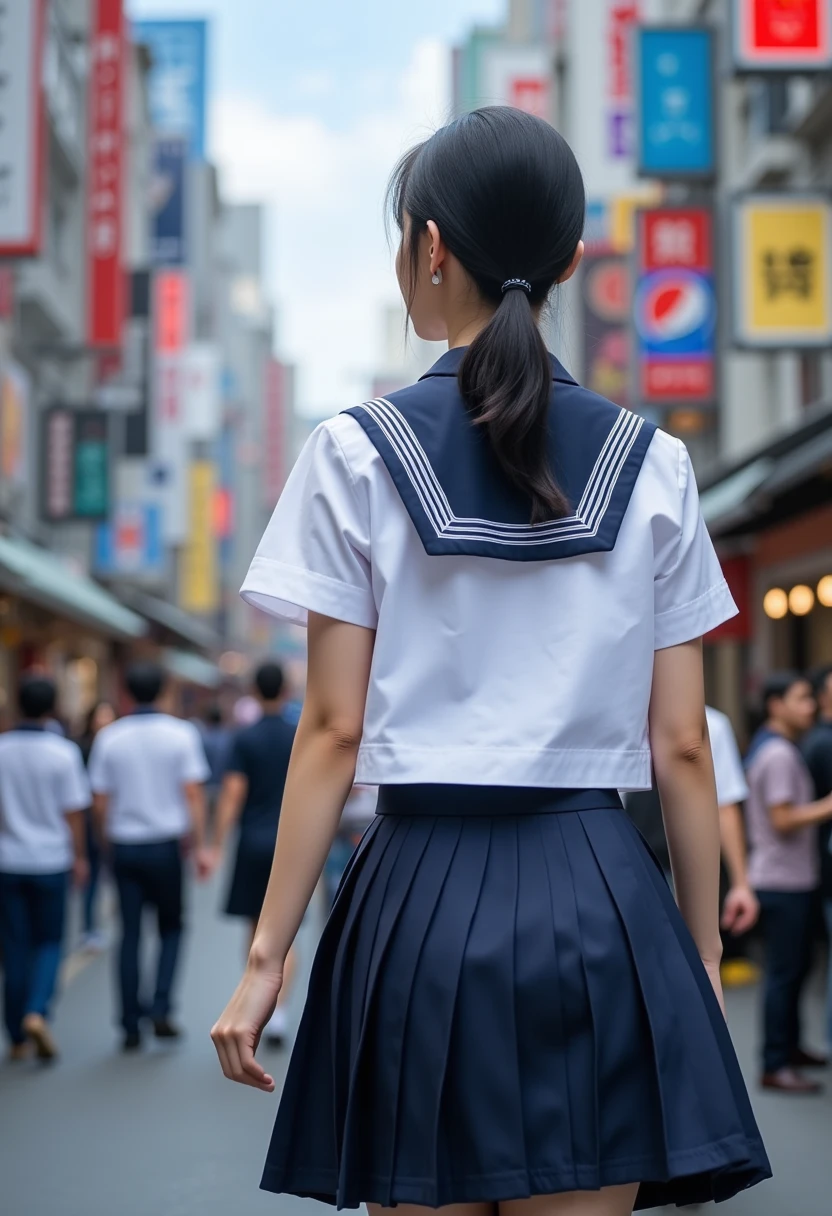 (masterpiece, best quality:1.2), 1girl, solo, wearing sailor uniform, detailed uniform, sailor collar, pleated skirt, walking on the city road, crowded city , from back view 