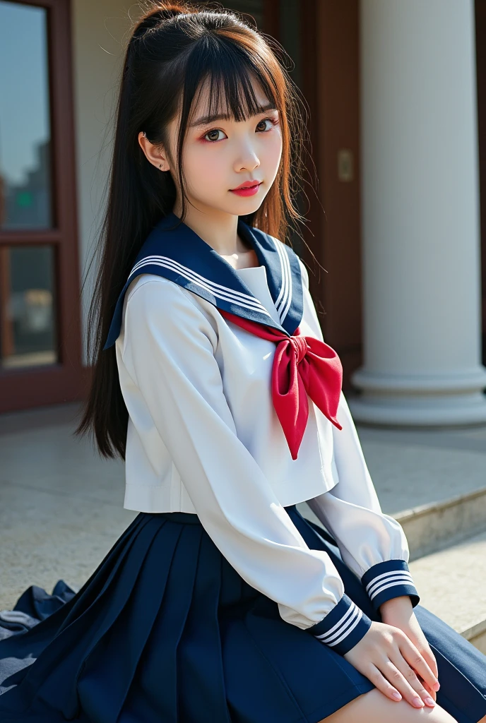 (masterpiece, best quality:1.2), 1girl, solo, wearing sailor uniform, cute expression, detailed uniform, sailor collar, pleated skirt, dynamic pose, beautiful detailed eyes, beautiful detailed lips, extremely detailed face, long eyelashes, high quality, digital painting, vibrant colors, dramatic lighting, cinematic composition, elegant, refined