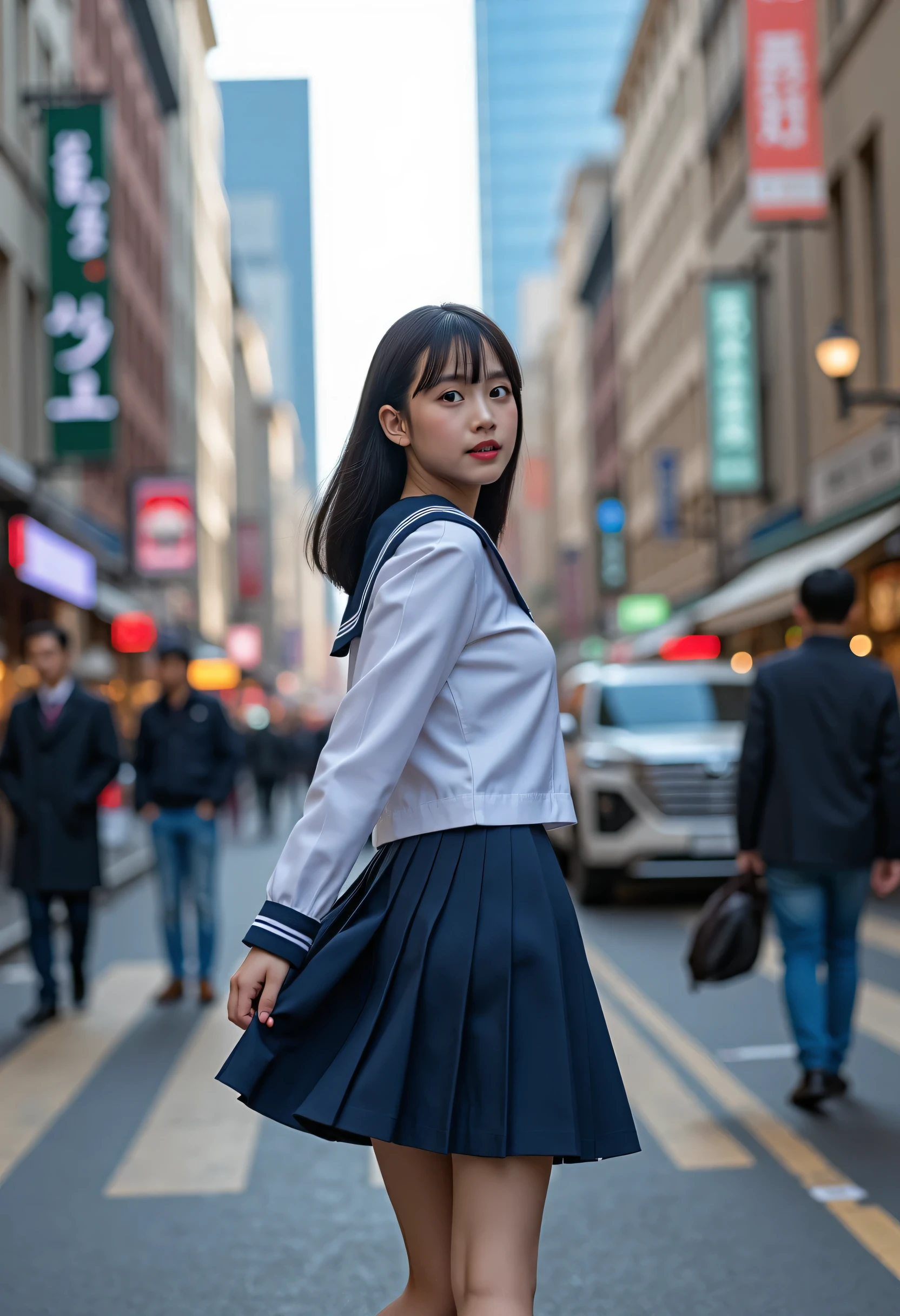 A girl in a sailor uniform, detailed uniform, sailor collar, pleated skirt, walking on a crowded city road, (best quality,4k,8k,highres,masterpiece:1.2),ultra-detailed,(realistic,photorealistic,photo-realistic:1.37),vivid colors,professional,HDR,physically-based rendering,studio lighting,beautiful detailed eyes,beautiful detailed lips,extremely detailed eyes and face,longeyelashes,urban scene,cityscape,detailed architecture,crowds,street lamps,reflections