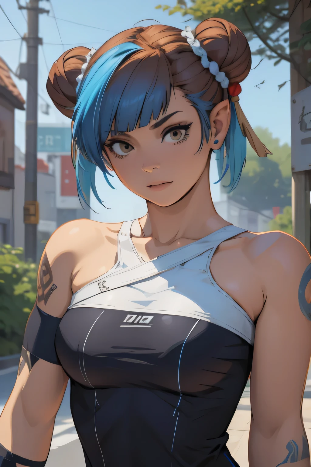 there is a woman with blue hair taking a selfie, short blue hair, with blue hair, blue short hair, short blue hair!!!, messy blue hair, halfbody headshot, blue hairs, blue hair, short blue haired woman, chloe price, sky blue highlights in hair, cyberpunk dyed haircut, flowing blue hair, brown hair with light blue ends, blue and black, LAUFEN, SHORT HAIR, DOUBLE BUN, BLUNT BANGS, Laofen, brown hair, double bun, brown eyes, hair_ornament