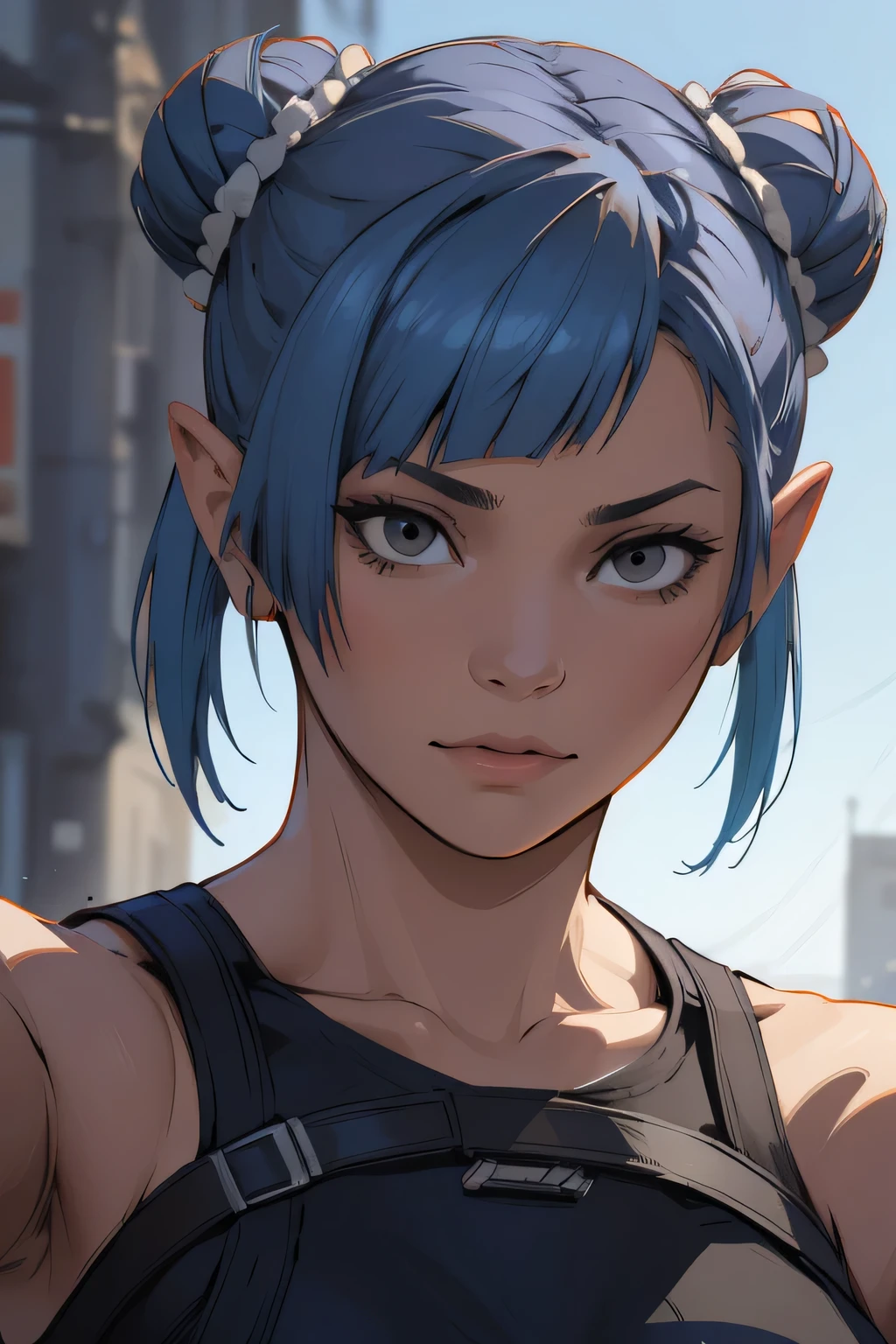 there is a woman with blue hair taking a selfie, short blue hair, with blue hair, blue short hair, short blue hair!!!, messy blue hair, halfbody headshot, blue hairs, blue hair, short blue haired woman, chloe price, sky blue highlights in hair, cyberpunk dyed haircut, flowing blue hair, brown hair with light blue ends, blue and black, LAUFEN, SHORT HAIR, DOUBLE BUN, BLUNT BANGS, Laofen, brown hair, double bun, brown eyes, hair_ornament