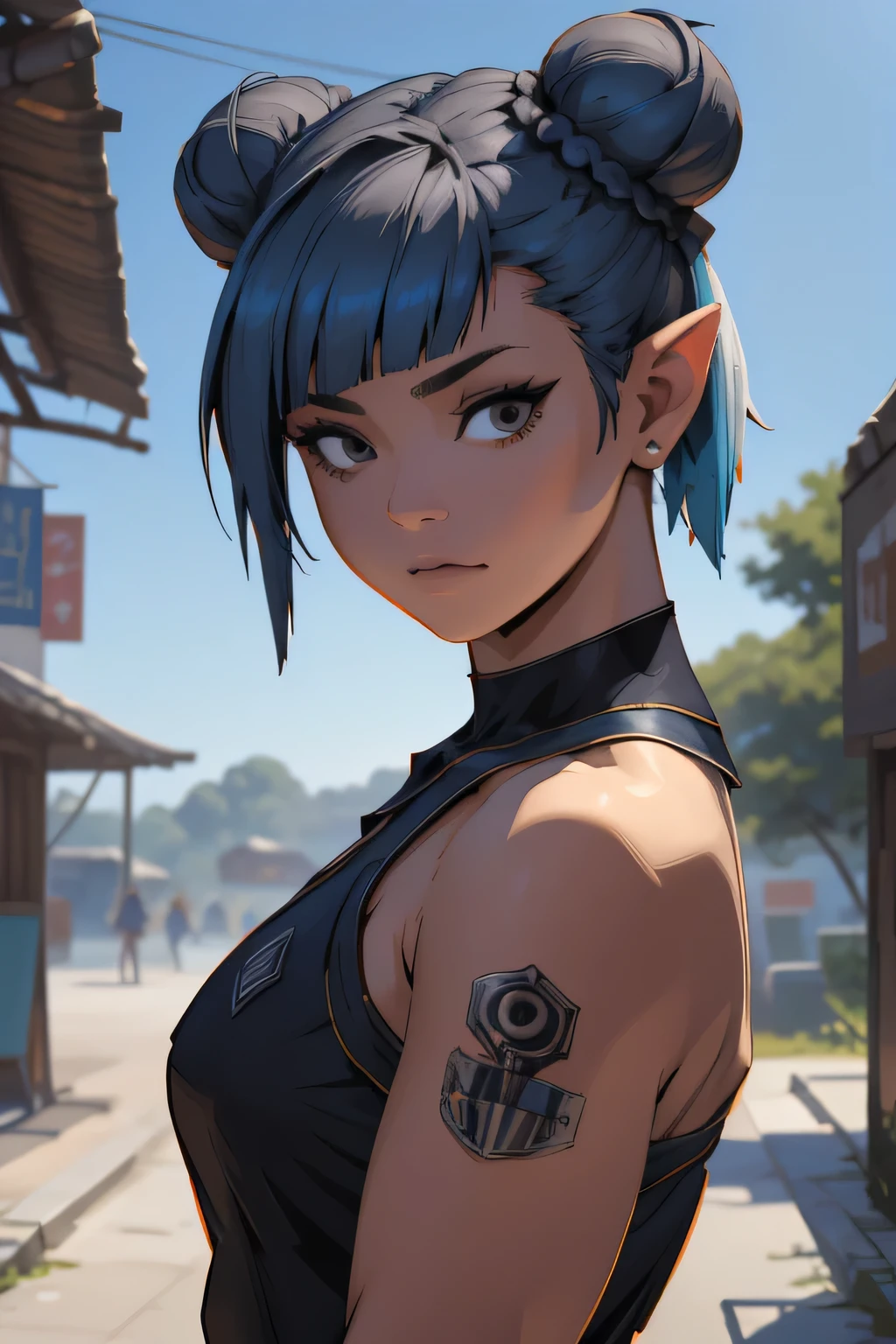 there is a woman with blue hair taking a selfie, short blue hair, with blue hair, blue short hair, short blue hair!!!, messy blue hair, halfbody headshot, blue hairs, blue hair, short blue haired woman, chloe price, sky blue highlights in hair, cyberpunk dyed haircut, flowing blue hair, brown hair with light blue ends, blue and black, LAUFEN, SHORT HAIR, DOUBLE BUN, BLUNT BANGS, Laofen, brown hair, double bun, brown eyes, hair_ornament, andando em um campo com coelinhos em sua volta