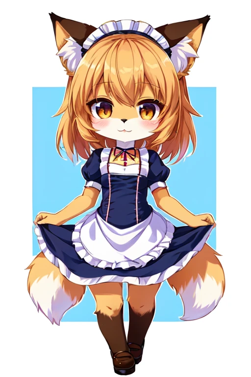 Solo, cute, perfect hands,detailed, nanachi \(made in abyss\), (thick thighs), narehate, full body, tail, maid outfit, blue background 