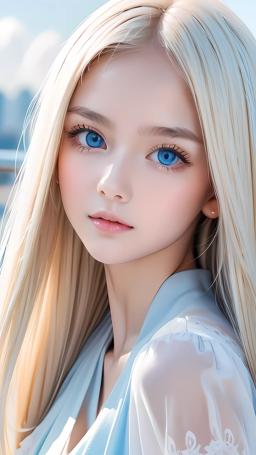 perfect beautiful face 、 beautiful blonde beautiful girl 、First time with a young face 々 beautiful cute 20 year old beautiful cute girl 、 very beautiful cute face 、 beautiful cute extremely bright sky blue eyes 、 very long beautiful shiny silky straight pearl platinum blonde hair、 super long beautiful bangs 、 white skin、Glossy Skin、Gloss Face、Cheek gloss、Hair above the eyes、片Hair above the eyes、Hair between the eyes、Small Face Beauty、Round face、Cute clothes