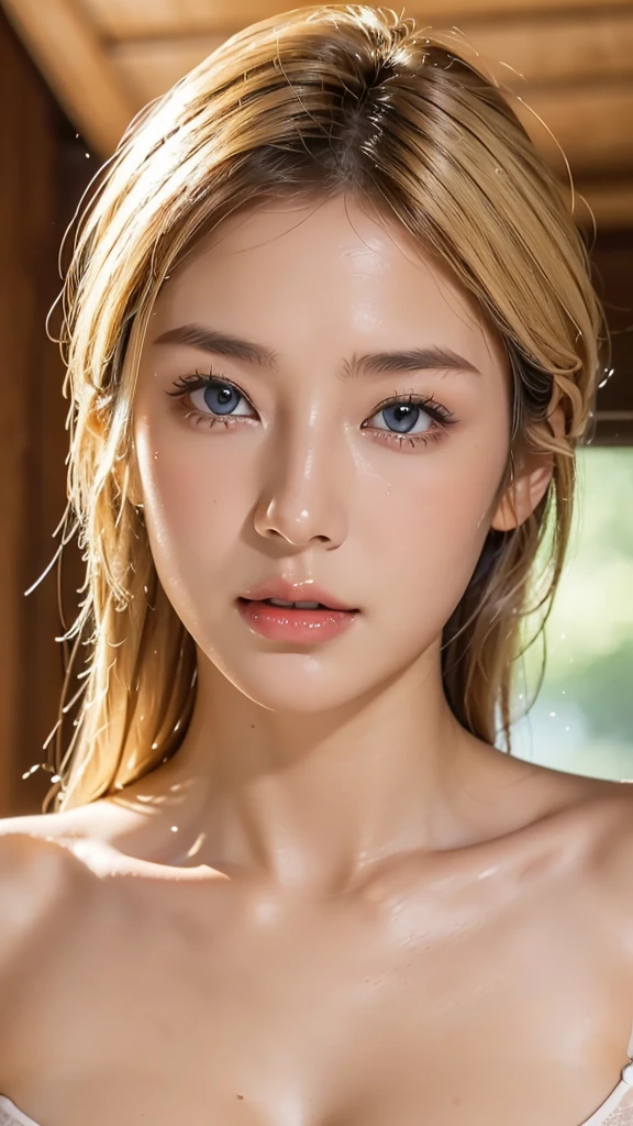 Higher quality than photo, beautiful woman with high nose, Japanese, (blonde hair), blue eyes, brown skin, very oily skin, sweaty, full body, large breasts, (face close-up 1.2), beautiful nasal cavity, large nasal cavity, one mole under eye, oily skin, (looking up at sky), chin up, wearing red underwear, almost transparent underwear, upup, only from the chest up,