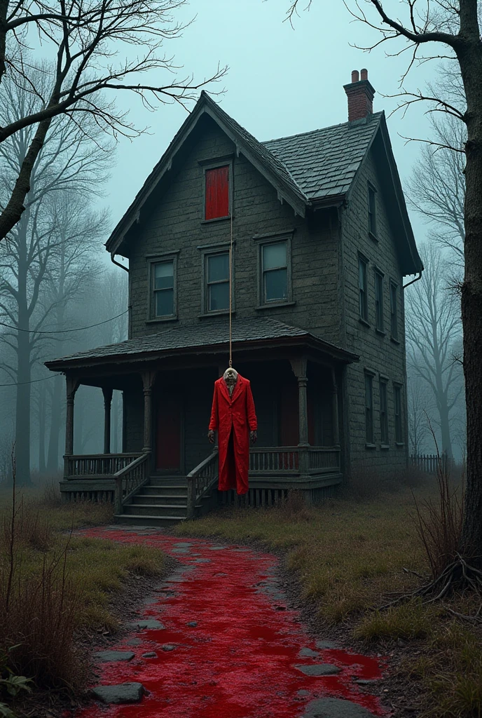 made of blood and gore. Create an eerie Halloween scene featuring a haunted house with a hanged man . The house should be old and decrepit, with cracked walls, broken windows, and overgrown vegetation, exuding an atmosphere of abandonment and fear. 
