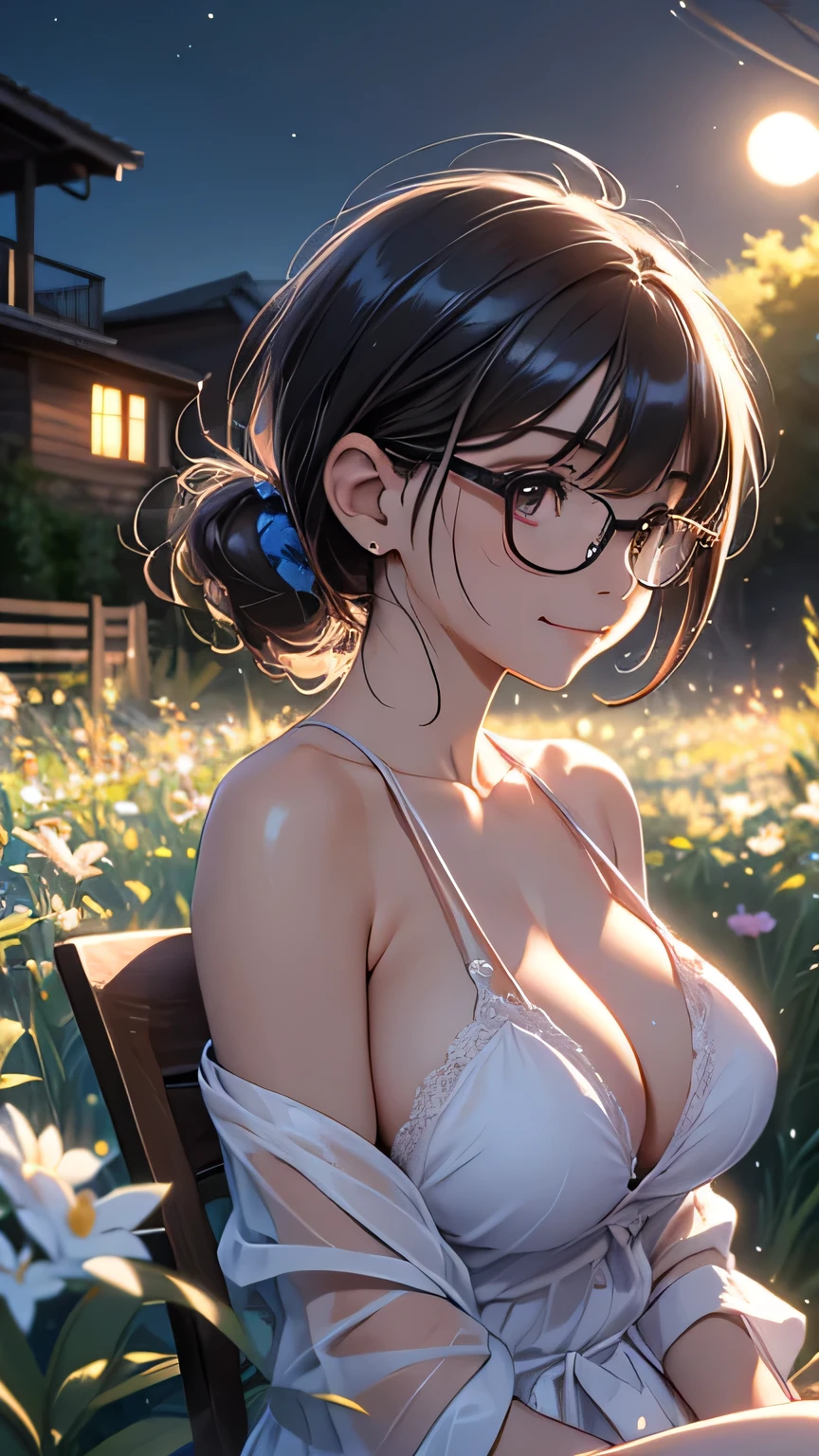 1girl, sitting in forest, forest around, leg spread, black sexy intricate thong, wet pussy, big breasts, unbuttoned white office shirt, (skinny body), black short hair, hair bun, forest on background, sunset, warm light, sweaty body, sweat drops between breasts, wet body, wearing eyeglasses, green very detailed eyes, tired, eyes half-closed, Best quality, 8K, A high resolution, anatomically correct, masterpiece.
