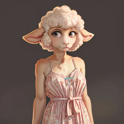 Beastars,Sheep Girl,The fur is orange, Cottagecore Fashion,  loose dress in pastel colors decorated with floral patterns 