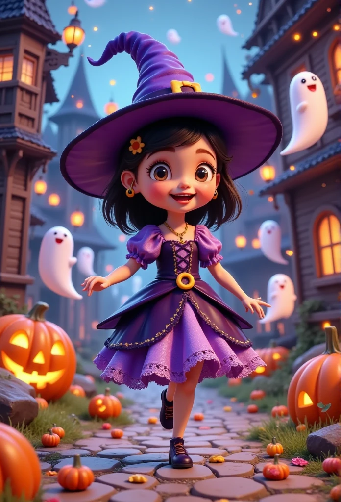 3D Model。3D Rendering。Scary atmosphere， cute witch kid on the run，Gorgeous princess dress。Crazy candy grabber ghost 。colored candy rain。Pumpkins and ghosts。。net。Dream Town。Fascinating lighting。Rich colors。orange color