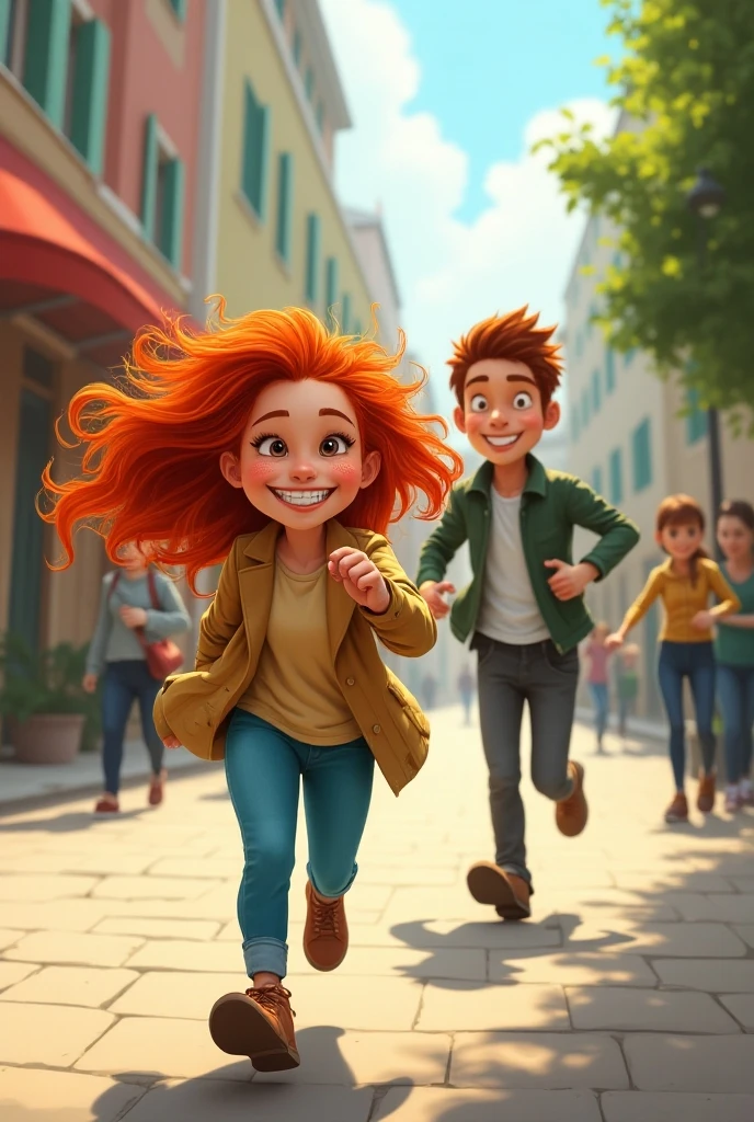 Funny red-haired girl running away from her boyfriend 