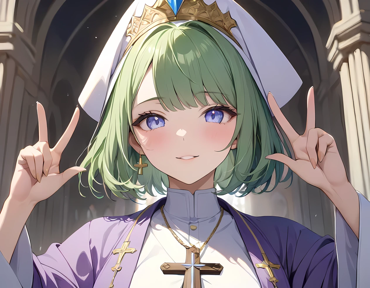 (((Best quality, 8k, Masterpiece: 1.3)), ((best quality)), ((masterpiece)), (detailed), perfect face, high detailed fingers, green hair, short hair, tokin hat, tiara, Saint Lucia, Priest, Both hands making a V sign, Lavender robes embroidered with gold thread, Big cross necklace, gold cross, Clerical clothing