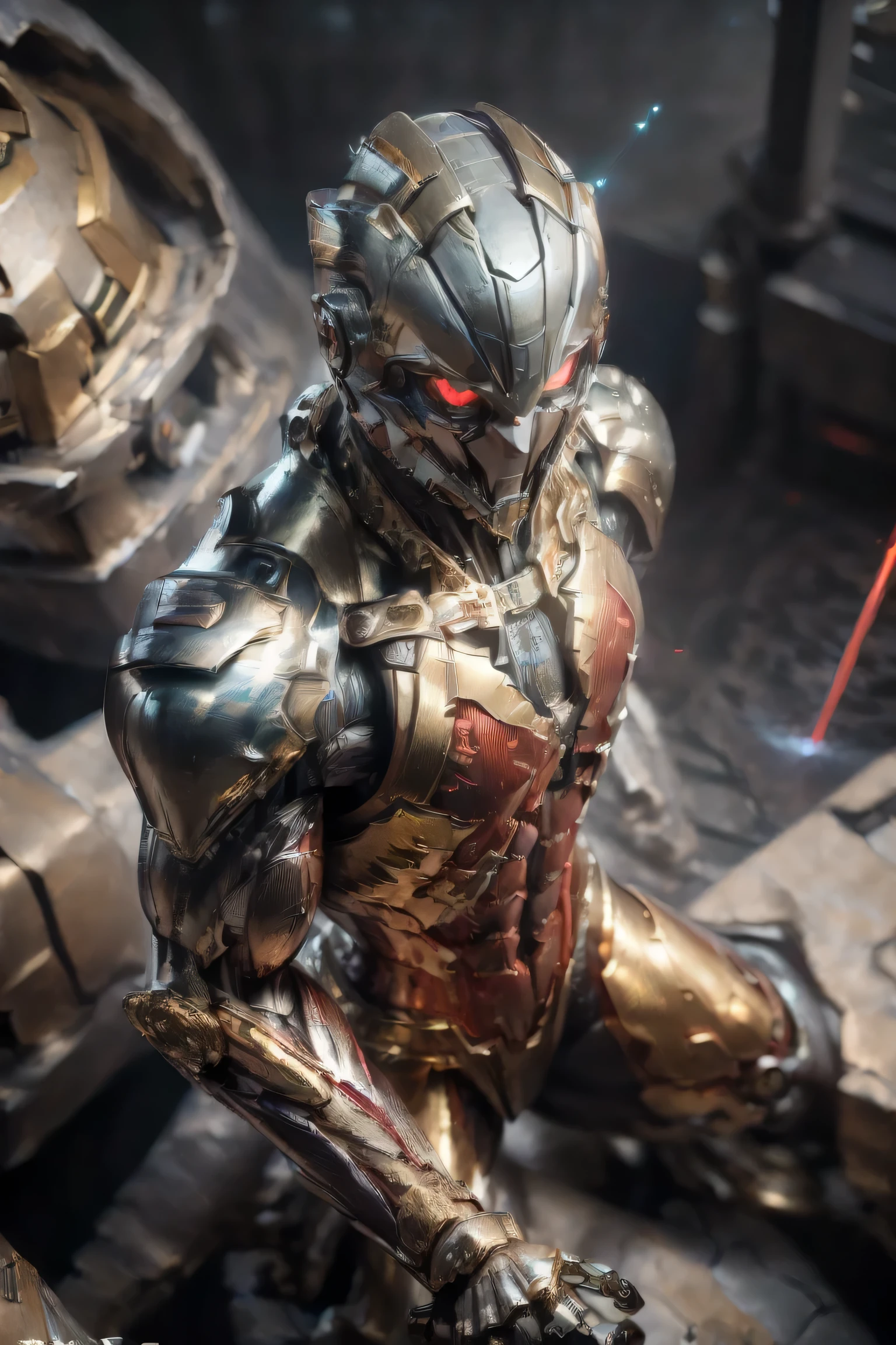((dynamic pose: 2.0)), (metallic: 2.0, reddish suit: 1.8), (Japanese hero), (mech bodysuit with swords: 1.5), ((fire scene: 1.8, Laser: 1.5)), My eyes are shining brightly, Suit parts are large , (( suit with a glowing light source)), (helmet with horns), Unreal Engine 5, ((realistic photo: 2.0)), High image quality, best quality , Kampala, Super detailed, Fine painting, Extremely delicate, professional, anatomically accurate , creativity, RAW Photos, 超 Kampala, 32K, Natural Light, Cinema Lighting, masterpiece-anatomy-perfect, masterpiece:1.5, ((was a mecha)), ((male, powerful)), (armor: 1.5), portrait, ((from above: 1.8)), ((He is directing his gaze in this direction.))