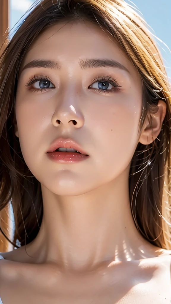 Higher quality than photo, beautiful woman with high nose, Japanese, (blonde hair), blue eyes, brown skin, （very oily skin 1.3）, （sweaty1.5）, full body, large breasts, (face close-up 1.2), beautiful nasal cavity, large nasal cavity, one mole under eye, oily skin, (looking up at sky), chin up, wearing red underwear, almost transparent underwear, upup, only from the chest up,