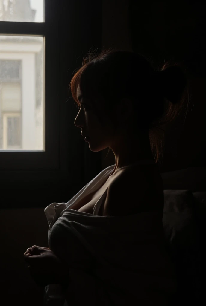 A bandicoot portrait of a beautiful woman in a dimly lit room, with soft natural light filtering through an old-style window, silhouette is partially obscured by shadows, creating a mysterious and contemplative mood, ethereal appearance, with slightly messy hair loosely tied back, with a few strands falling around her face. Wearing an off-shoulder white shirt, she gazes over her shoulder with a calm, neutral expression, soft lighting highlights , --S 300 Style raw