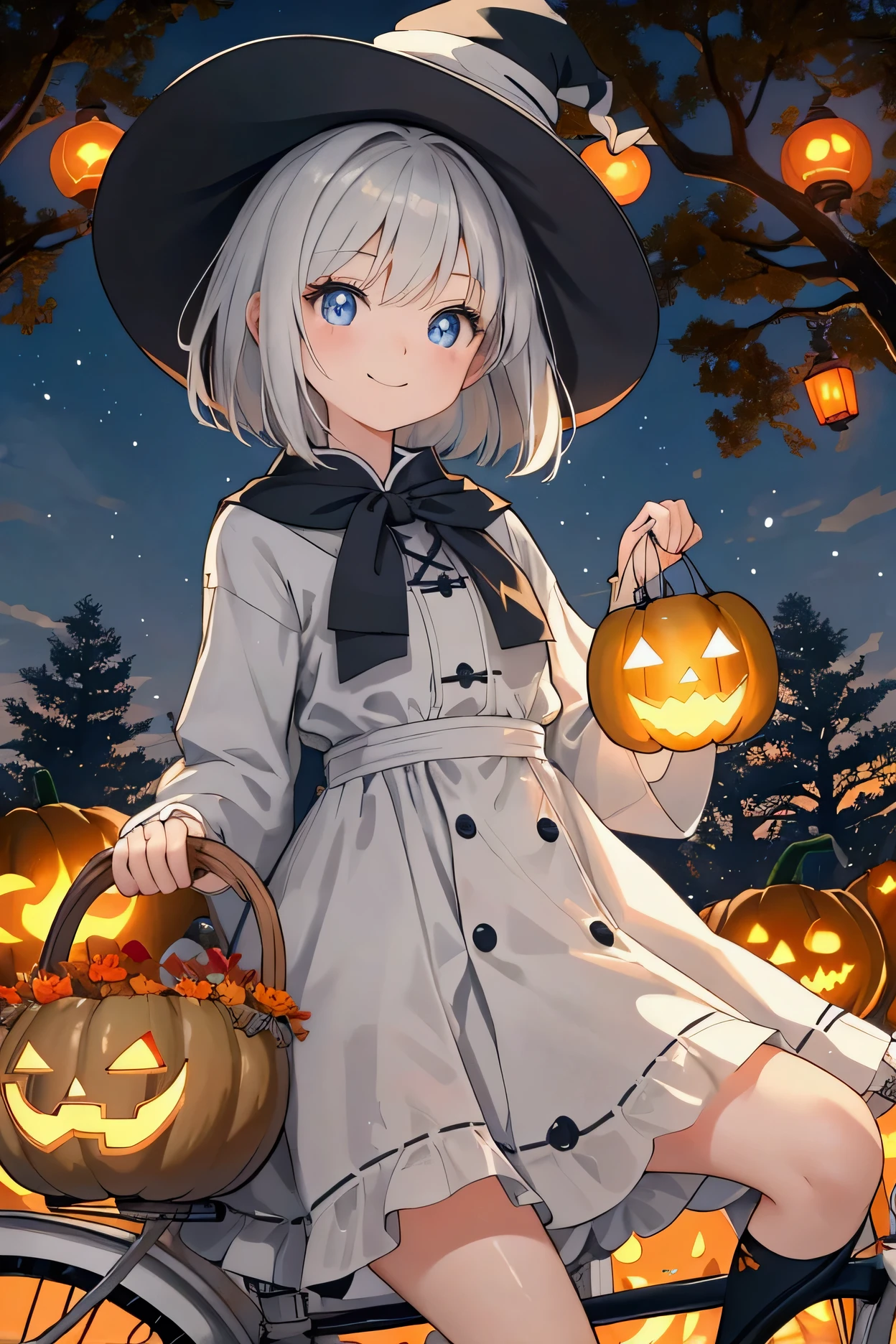 is riding a bicycle。Northern European features。18 years old。A radiant smile。 bangs。Hair length: short bob。Hair color is very light grey。Big round eyes、Bright, deep blue eyes。 Halloween-style witch costume and hat 。 bicycle lights pumpkin lanterns。A beautiful girl in the world with a white cat on a bicycle basket 。Background、Autumnal forest。 has a lantern hanging on a tree。
