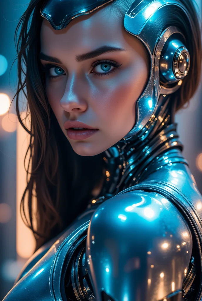 sfw, a futuristic science-fiction girl, cyberpunk, Hyper detailed face, Stunning blue eyes, shiny synthetic skin ,  intricate robotic anatomy ,  shiny neon implants , complex machinery, dramatic lighting, neon city background, 8k,   photorealistic  ,   cinematographic composition  