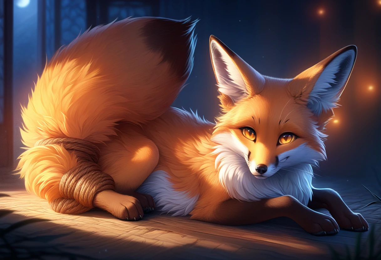 Extreme detail, full body, Detailed eyes, (Shaded), (Detailed lighting), (Cinematic lighting), (Masterpiece, hi res, high resolution, High details, Best quality, high sharpness:1.3), high definition, BREAK, woven, beautiful, cute, fox ears, whiskers, (long and fluffy fox tail), (digitigrade, fox paws on feet), (elongated fox snout), orange fur, yellow eyes, feral fox, feral, animal, kitsune, red fox, lying on ground curled up with tail wrapped around self, smiling cutely, looking at viewer, night