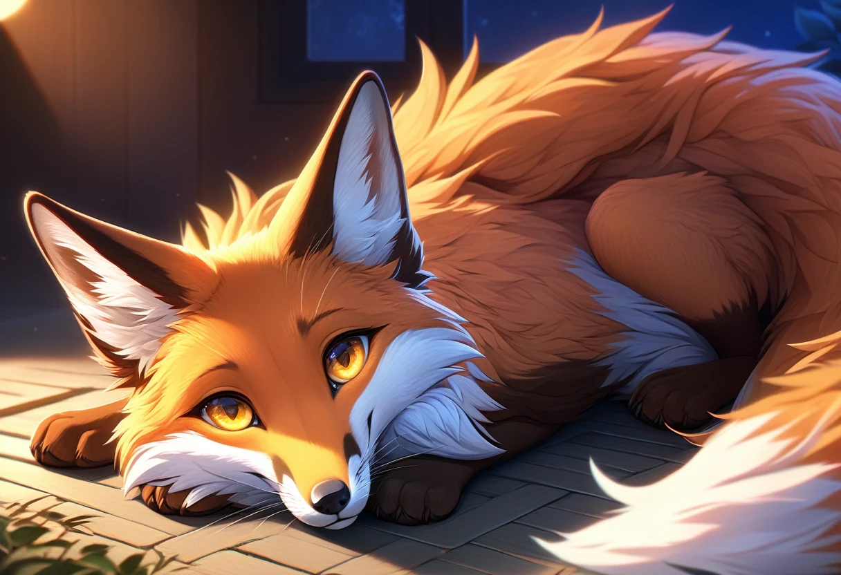 Extreme detail, full body, Detailed eyes, (Shaded), (Detailed lighting), (Cinematic lighting), (Masterpiece, hi res, high resolution, High details, Best quality, high sharpness:1.3), high definition, BREAK, woven, beautiful, cute, fox ears, whiskers, (long and fluffy fox tail), (digitigrade, fox paws on feet), (elongated fox snout), orange fur, yellow eyes, feral fox, feral, animal, kitsune, red fox, lying on ground curled up with tail wrapped around self, smiling cutely, looking at viewer, night