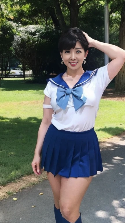  mature Japanese woman in white t-shirt, white skin,(curvy body:1.5),(Mer1, tiara, sailor senshi uniform, blue sailor collar, bow, knee boots, choker, white gloves, blue choker, elbow gloves, jewelry, earrings, blue skirt:1.2),( standing in the park,Full body shot from head to toe,full body,standing:1.2),looking at viewer,smile, surrealism, depth of field, from below, Sony FE, 8k, Yumiko,arms up,Full body photo