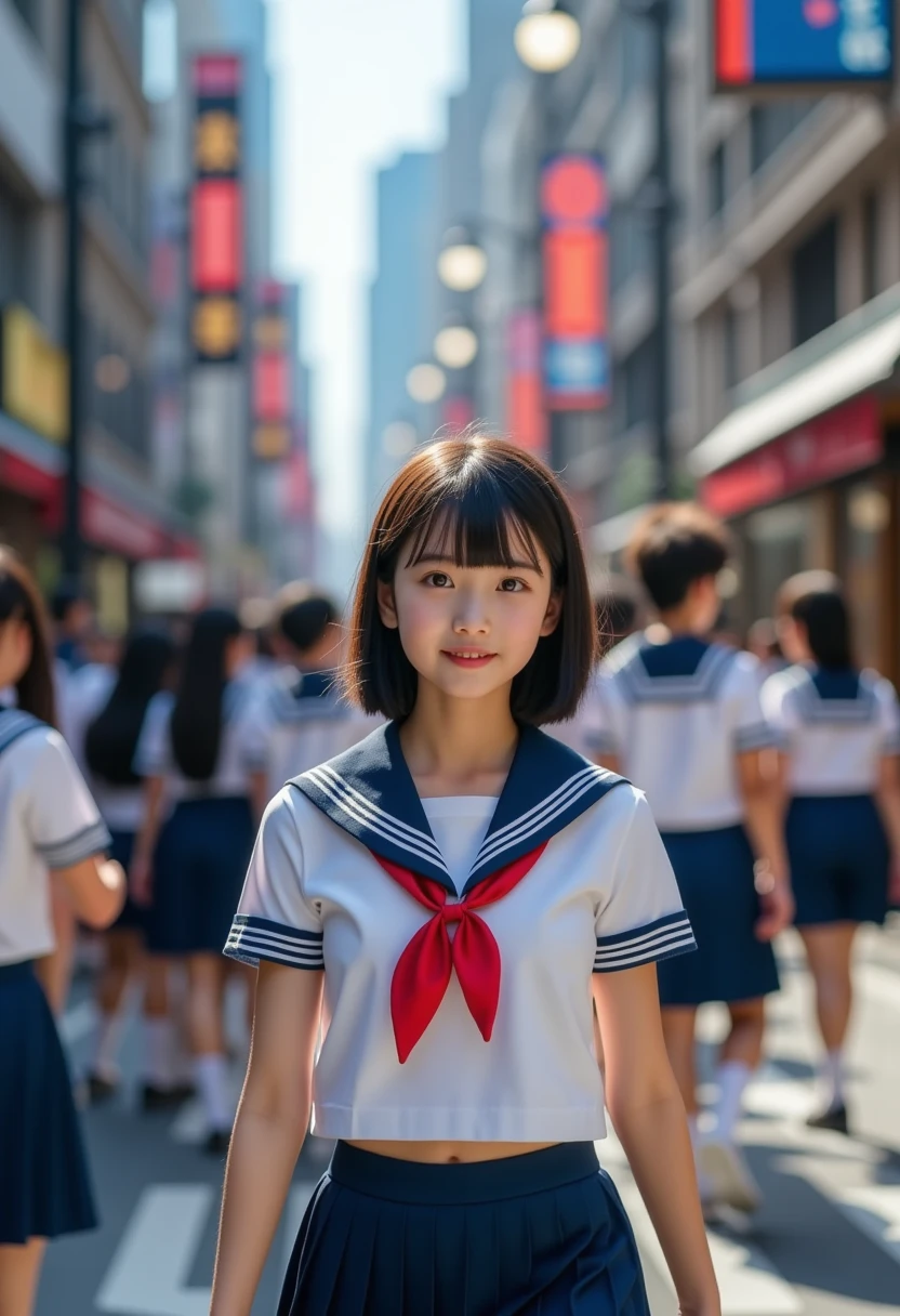 A girl in a sailor uniform, detailed uniform, sailor collar, pleated skirt, walking on a crowded city road, (best quality,4k,8k,highres,masterpiece:1.2),ultra-detailed,(realistic,photorealistic,photo-realistic:1.37),vivid colors,professional,HDR,physically-based rendering,studio lighting,beautiful detailed eyes,beautiful detailed lips,extremely detailed eyes and face,longeyelashes,urban scene,cityscape,detailed architecture,crowds,street lamps,reflections