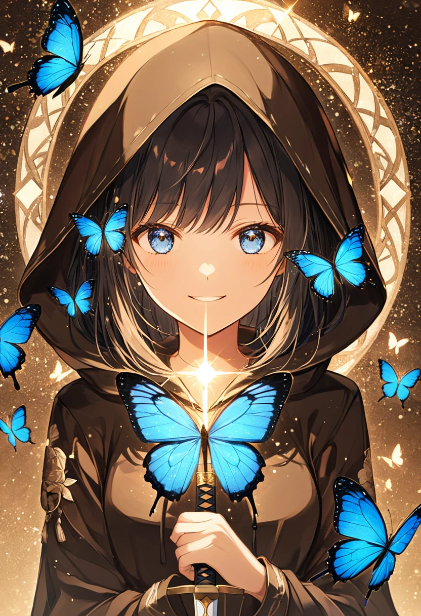 ((  glitter))、Shining picture 、One woman with a sword , woman wearing a black hood,Lots of big blue butterflies looking at me and smiling々 ,sepia,Unity,  The light shines  ,  visible from afar