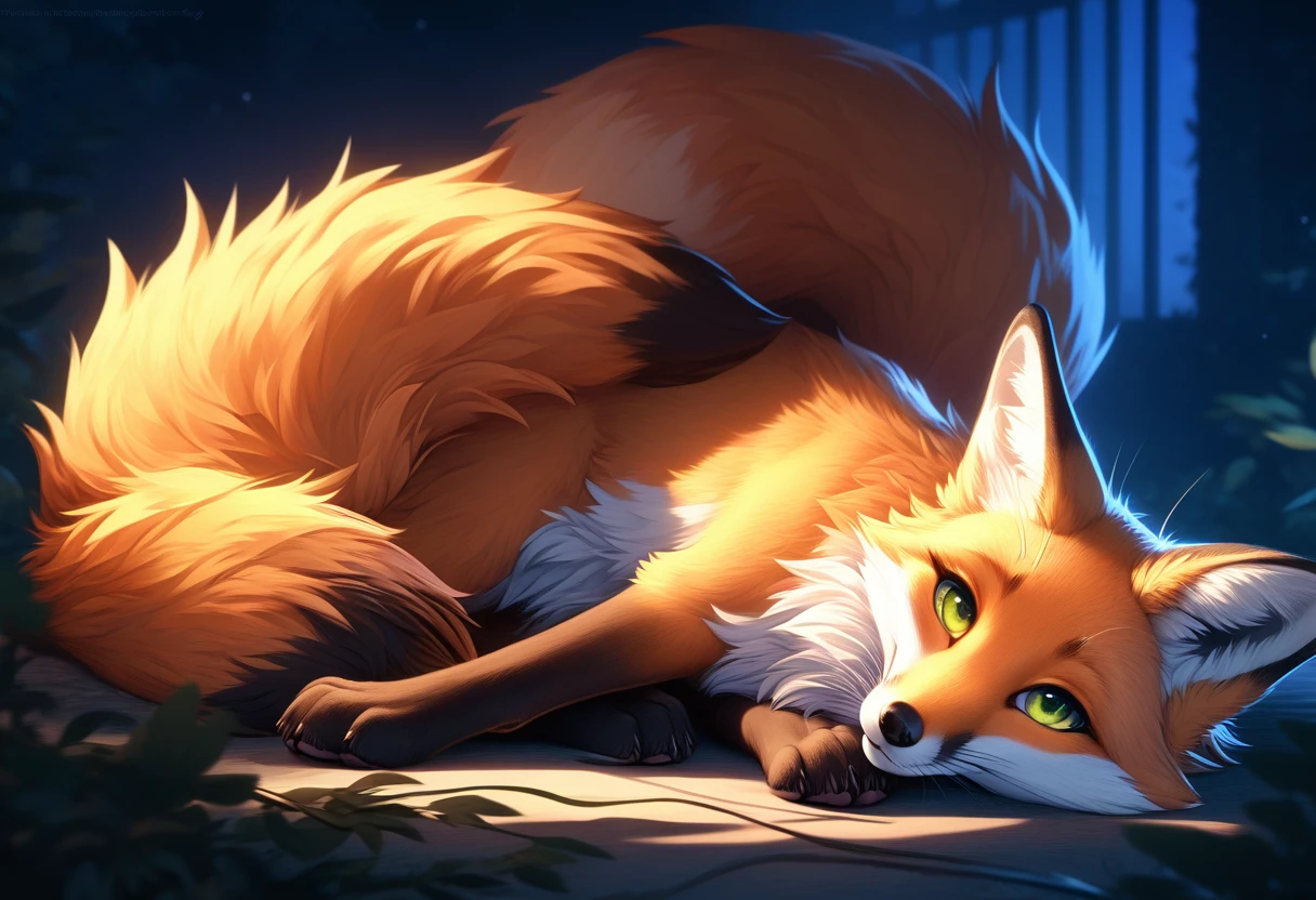 Extreme detail, full body, Detailed eyes, (Shaded), (Detailed lighting), (Cinematic lighting), (Masterpiece, hi res, high resolution, High details, Best quality, high sharpness:1.3), high definition, BREAK, woven, beautiful, cute, fox ears, whiskers, (long and fluffy fox tail), (digitigrade, fox paws on feet), (elongated fox snout), orange fur, green eyes, feral fox, feral, animal, kitsune, red fox, lying on ground curled up with tail wrapped around self, smiling cutely, looking at viewer, night