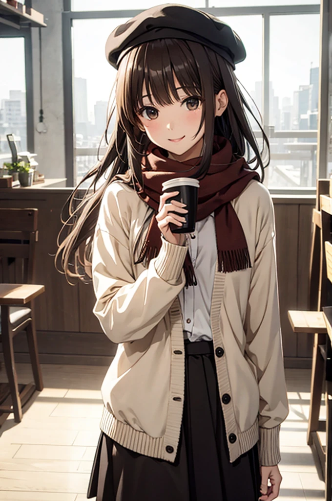  1 GIRL WITH HIM, 秋の紅leaf, bangs,  black headwear , Blurred Background, ,  Brown Eyes , Brown Hair, brown scarf, brown skirt,  cardigan, coffee,  cowboy shot , cup, disposable cup, [drink, 落ちleaf, Beanie, holding, holding [drink, leaf, Long Hair,  Long Sleeve ,  staring at the viewer , open  cardigan,  opens her mouth, Check pattern, Check pattern skirt, puffy  Long Sleeve , red sweater, scarf, shirt, shirt tucked in,  side lock, skirt, smile, Alone, sweater, white shirt,  very detailed, Complex, masterpiece, Absurd
