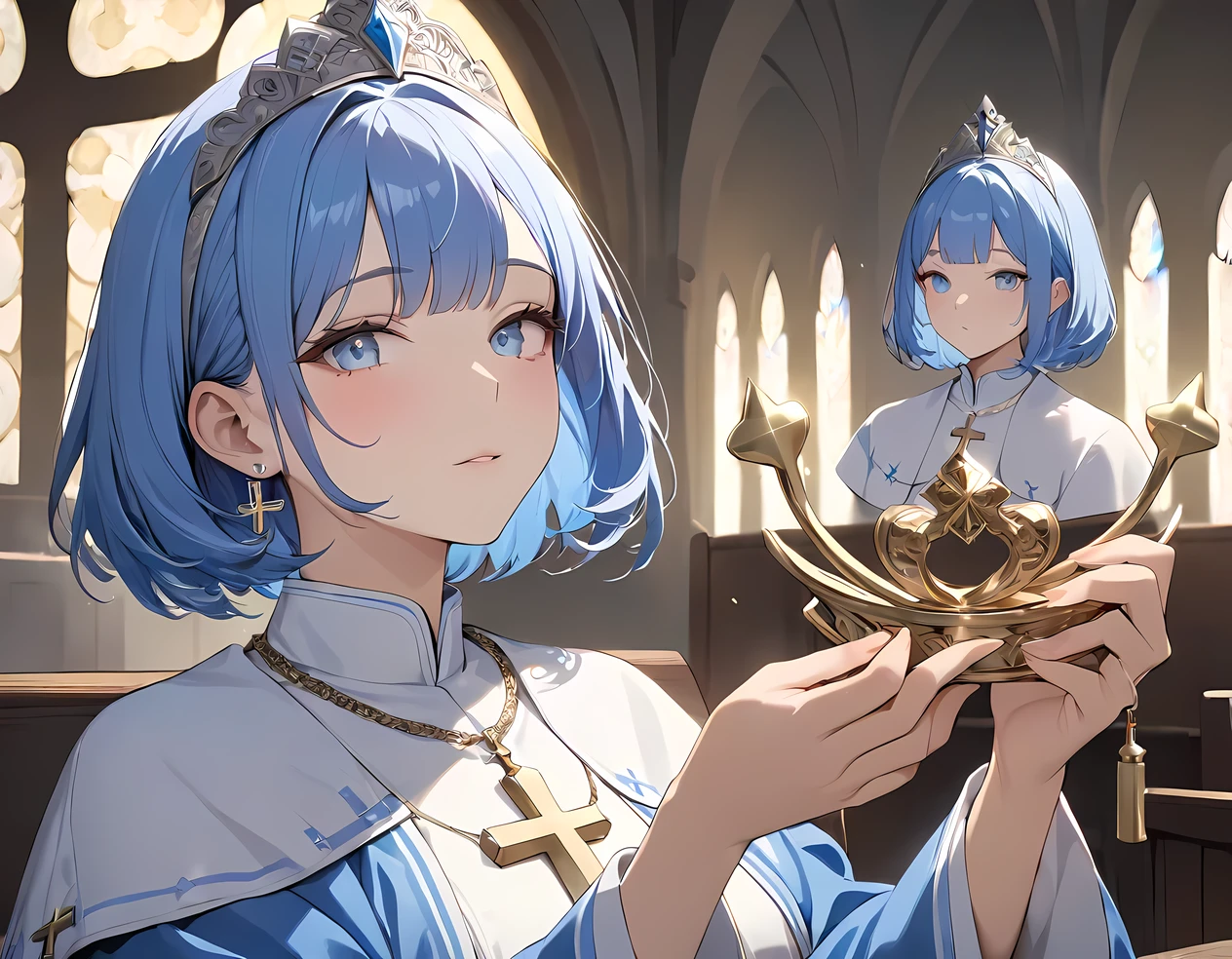 (((Best quality, 8k, Masterpiece: 1.3)), ((best quality)), ((masterpiece)), (detailed), perfect face, high detailed fingers, blue hair, short hair, tokin hat, tiara, Saint Lucia, Priest, light blue robes embroidered with silver thread, Big cross necklace, gold cross, Clerical clothing