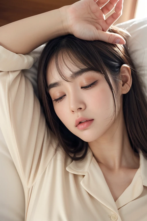 38 years old、 Japanese Women、 semi-long hair、Bronze-colored hair 、round face、Baby Face、(her jawline is jutting out1:1.3)、(her jawline is rounded1:1.5)、She has soft cheeks、Fair skin、 My cheeks are plump 、Small eyes、Small mouth、 outer corner of eye 、Thin eyebrows、 My bangs are aligned to the side 、 on the bed、 the morning sun is shining、 My hair is very disheveled 、 I have a lot of sleeping habits 、 I'm yawning with my mouth wide open 、You can see inside the mouth、 I have a lot of sleeping habits 、 My armpits are slightly visible 、 I'm wearing pale yellow buttoned collared pajamas、Breasts are B cup size、 My hands are held up to the ceiling 、Upper body close-up、 chubby figure、Eyes closed、My upper body is raised 、 angle from the front 、