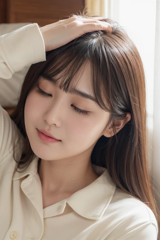 38 years old、 Japanese Women、 semi-long hair、Bronze-colored hair 、round face、、(her jawline is jutting out1:1.3)、(her jawline is rounded1:1.5)、She has soft cheeks、Fair skin、 My cheeks are plump 、Small eyes、Small mouth、 outer corner of eye 、Thin eyebrows、 My bangs are aligned to the side 、 on the bed、 the morning sun is shining、 My hair is very disheveled 、 I have a lot of sleeping habits 、 I'm yawning with my mouth wide open 、You can see inside the mouth、 I have a lot of sleeping habits 、 My armpits are slightly visible 、 I'm wearing pale yellow buttoned collared pajamas、Breasts are B cup size、 My hands are held up to the ceiling 、Upper body close-up、 chubby figure、Eyes closed、My upper body is raised 、 angle from the front 、