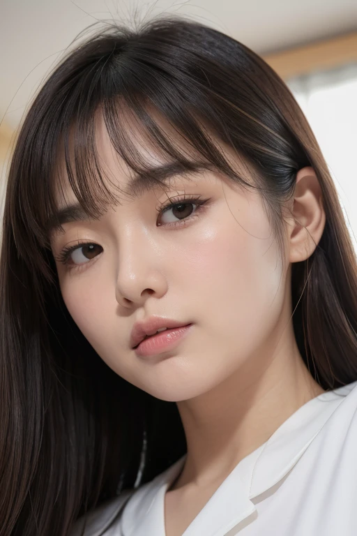 38 years old、 Japanese Women、 semi-long hair、Bronze-colored hair 、round face、Baby Face、(her jawline is jutting out1:1.3)、(her jawline is rounded1:1.5)、She has soft cheeks、Fair skin、 My cheeks are plump 、Small eyes、Small mouth、 outer corner of eye 、Thin eyebrows、 My bangs are aligned to the side 、 on the bed、 the morning sun is shining、 My hair is very disheveled 、 I have a lot of sleeping habits 、 I'm yawning with my mouth wide open 、You can see inside the mouth、 I have a lot of sleeping habits 、 My armpits are slightly visible 、 I'm wearing pale yellow buttoned collared pajamas、Breasts are B cup size、 My hands are held up to the ceiling 、Upper body close-up、 chubby figure、Eyes closed、My upper body is raised 、 angle from the front 、