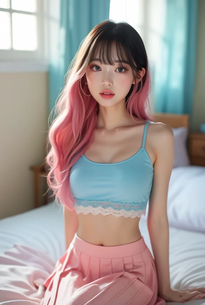 Cute asian, arms up, showing armpit, showing legs, 18 year old, kpop hires, pink hairblue eyes, full body, legs, blush, room, good lighting