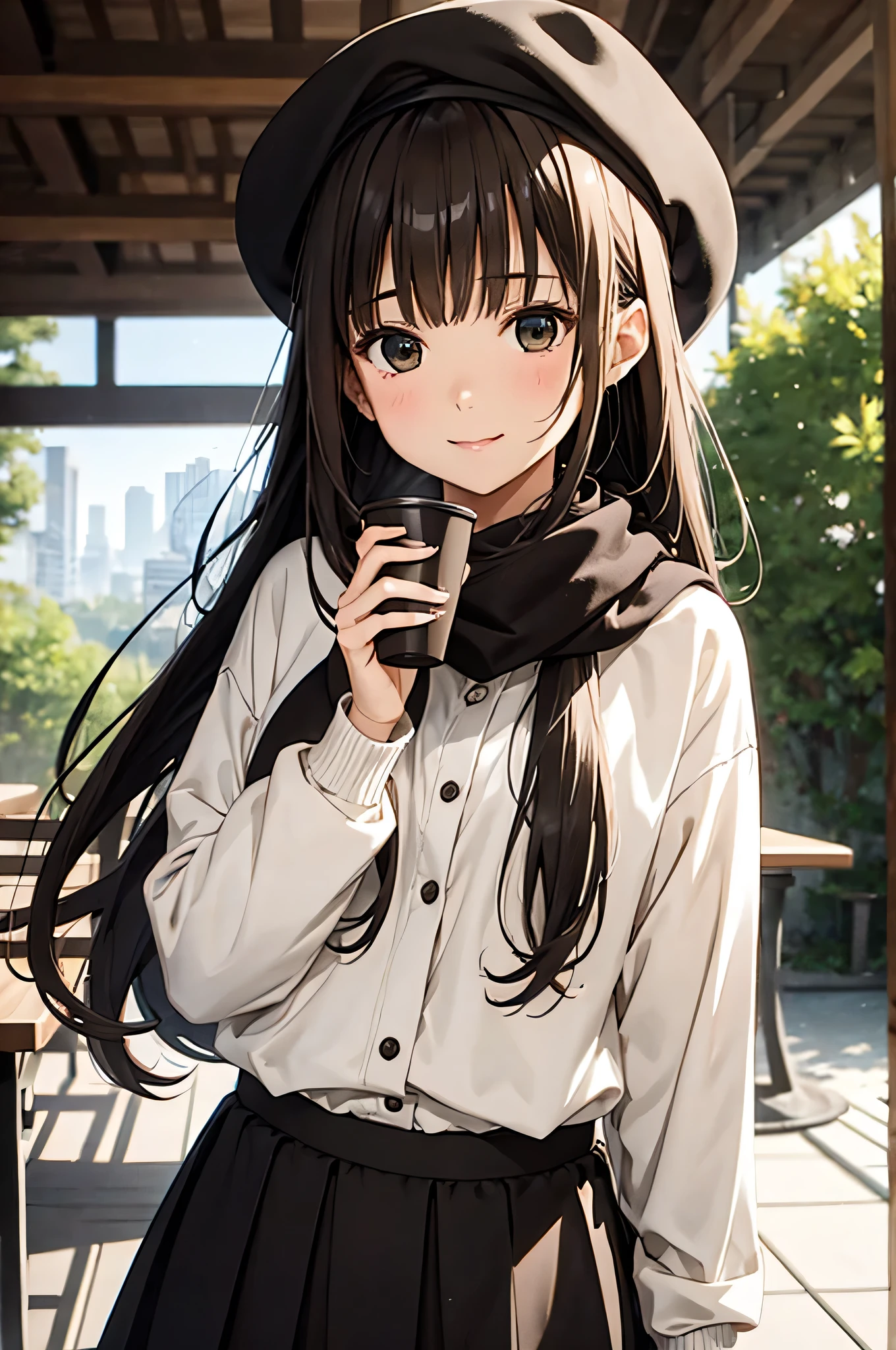  1 GIRL WITH HIM, 秋の紅leaf, bangs,  black headwear , Blurred Background, ,  Brown Eyes , Brown Hair, brown scarf, brown skirt,  cardigan, coffee,  cowboy shot , cup, disposable cup, [drink, 落ちleaf, Beanie, holding, holding [drink, leaf, Long Hair,  Long Sleeve ,  staring at the viewer , open  cardigan,  opens her mouth, Check pattern, Check pattern skirt, puffy  Long Sleeve , red sweater, scarf, shirt, shirt tucked in,  side lock, skirt, smile, Alone, sweater, white shirt,  very detailed, Complex, masterpiece, Absurd
