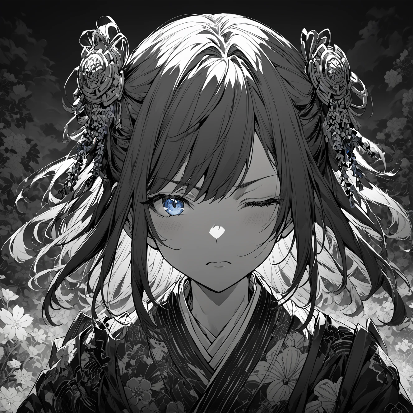 1girl, beautiful anime style portrait, blue monochrome, oriental wallpaper, pink, emotional, highly anime style, Japanese samurai, flowers, eyes closed, soft lighting, detailed description, strong expression, kimono ornaments, blurred background, vivid color style, deep emotional feel, front view