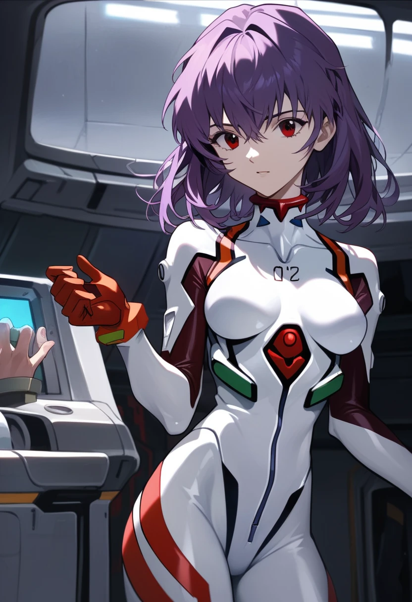  masterpiece,  Best quality , absurdities,  White clothing with red details by Pilot Eva (evangelion) 1girl, medium hair, acessório de piloto de eva no purple hair *evangelion),  dark red eyes , purple hair,  White clothing with red details by Pilot Eva (evangelion) ,  Elastic uniform , red gloves , to break nice hands,  perfect hands ,  The Beautiful Hand , Beautiful Finger , to break ( pilot's cabin :1.3), cloudy sky, Remote shooting , ( perfect anatomy ), cowboy shot, [ cinematic lighting | volumetric lighting ], looking at the viewer