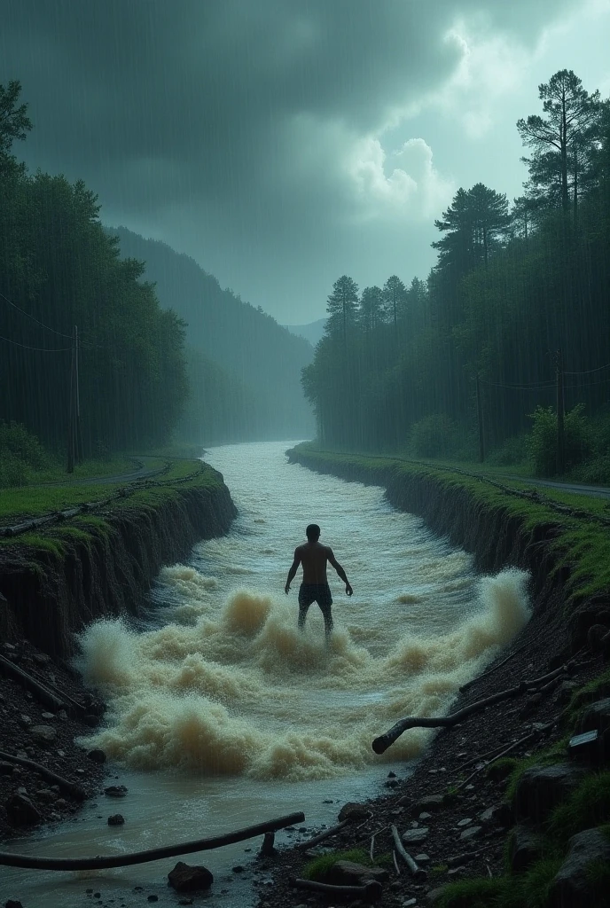 A summer heavy rainstorm causes a road to collapse near a river, with rushing floodwater eroding the ground. A person is stranded in the water near the collapsed area, swept by the fast-flowing river. The sky is dark and stormy, with intense rainfall and debris in the water.