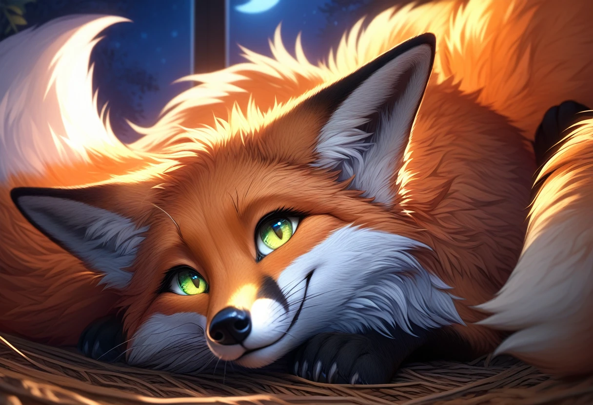 Extreme detail, full body, Detailed eyes, (Shaded), (Detailed lighting), (Cinematic lighting), (Masterpiece, hi res, high resolution, High details, Best quality, high sharpness:1.3), high definition, BREAK, woven, beautiful, cute, fox ears, whiskers, (long and fluffy fox tail), (digitigrade, fox paws on feet), (elongated fox snout), orange fur, green eyes, feral fox, feral, animal, kitsune, red fox, lying on ground curled up with tail wrapped around self, smiling cutely, looking at viewer, night