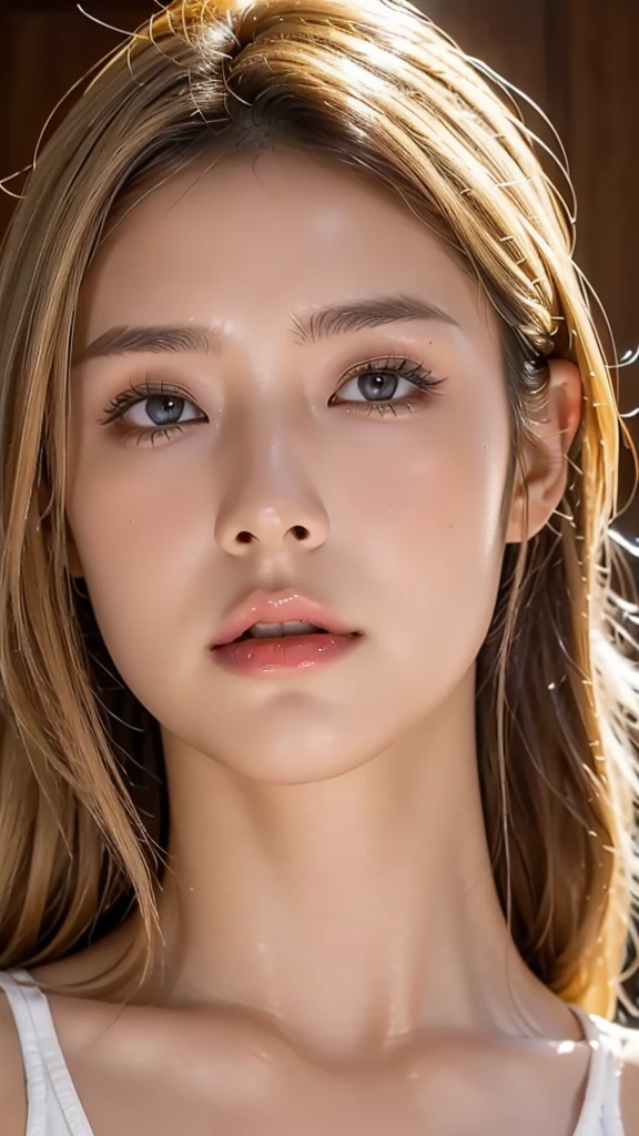 Higher quality than photo, beautiful woman with high nose, Japanese, (blonde hair 1.5), brown eyes, dark brown skin, very oily skin, sweating, full body, large breasts, (close-up of face 1.2), beautiful nasal cavity, large nasal cavity, one mole under eye, oily skin, (looking straight up 1.3), chin up, wearing swimsuit, upup, easy to see nostrils, close-up of face, image for nostril fetish, image to please nose lovers,