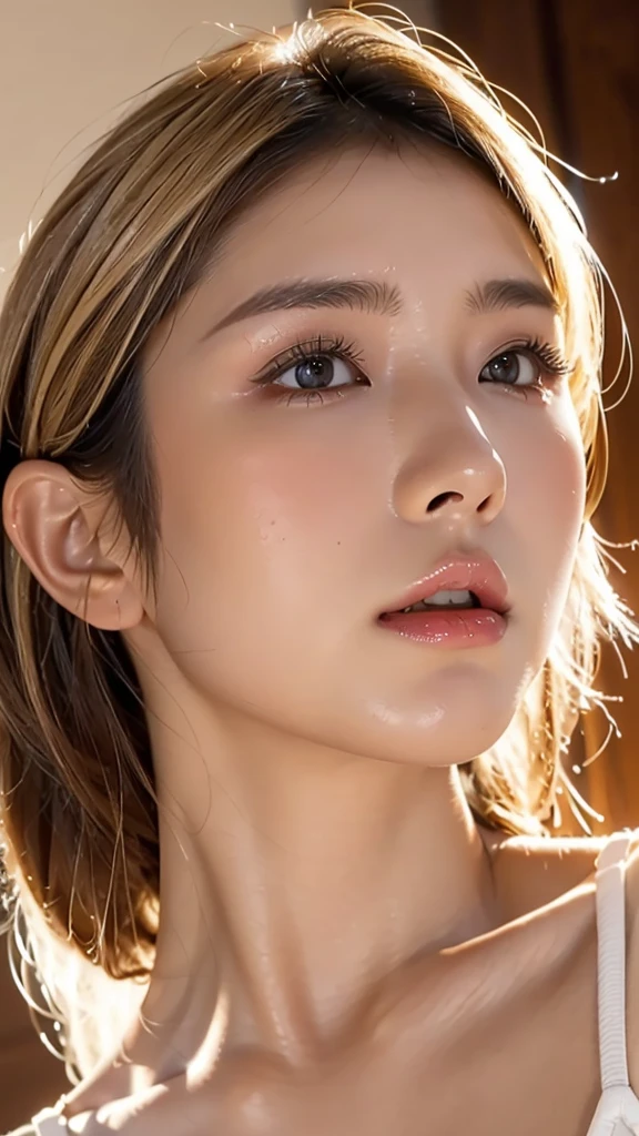 Higher quality than photo, beautiful woman with high nose, Japanese, (blonde hair 1.5), brown eyes, dark brown skin, very oily skin, sweating, full body, large breasts, (close-up of face 1.2), beautiful nasal cavity, large nasal cavity, one mole under eye, oily skin, (looking straight up 1.3), chin up, wearing swimsuit, upup, easy to see nostrils, close-up of face, image for nostril fetish, image to please nose lovers,