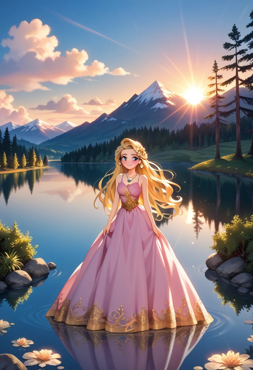 1 girl, Serene expression,  mesmerizing eyes ,  long and straight hair , Flowing dress, Balanced posture, Porcelain Skin, blush sutil, crystal pendant BREAK Golden Hour, (Rim Lighting):1.2, hot, sun flare, soft shadows,  vibrant colors , pictorial effect ,  dream atmosphere INTERVAL scenic lake, distant mountains,  willow tree , calm water, reflection, clouds illuminated by the sun, peaceful environment, idyllic sunset, ultra detailed, official art, unity 8k wallpaper , tangled, Mandala