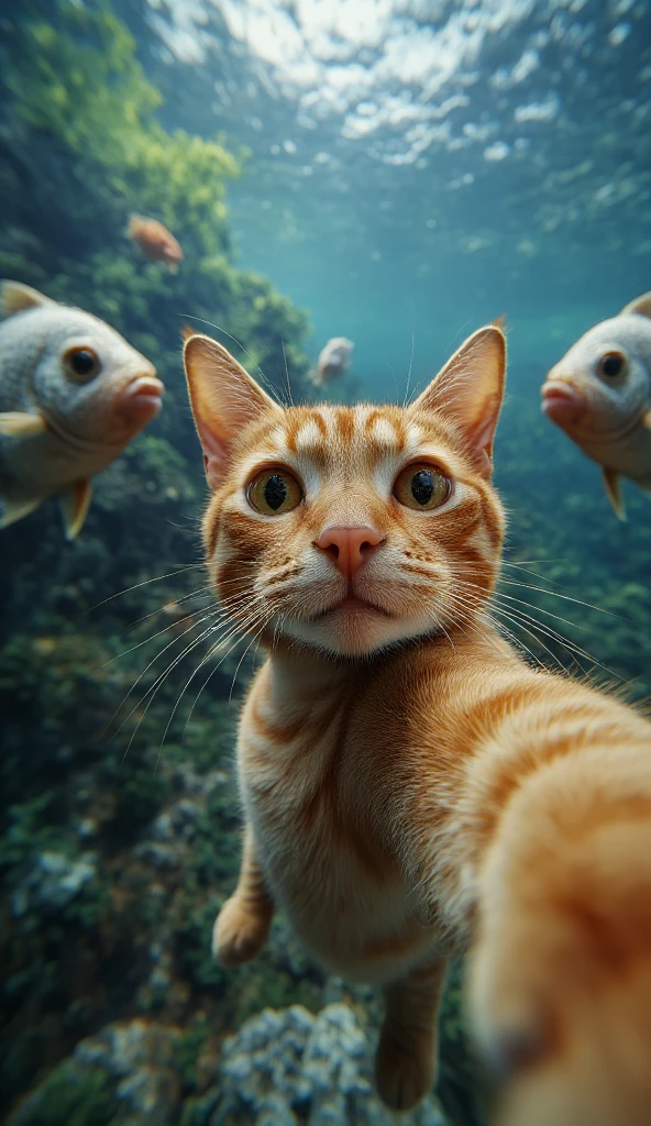 looking at camera a orange cat making a selfie between two fishes, stunning image, realistic focus on cat