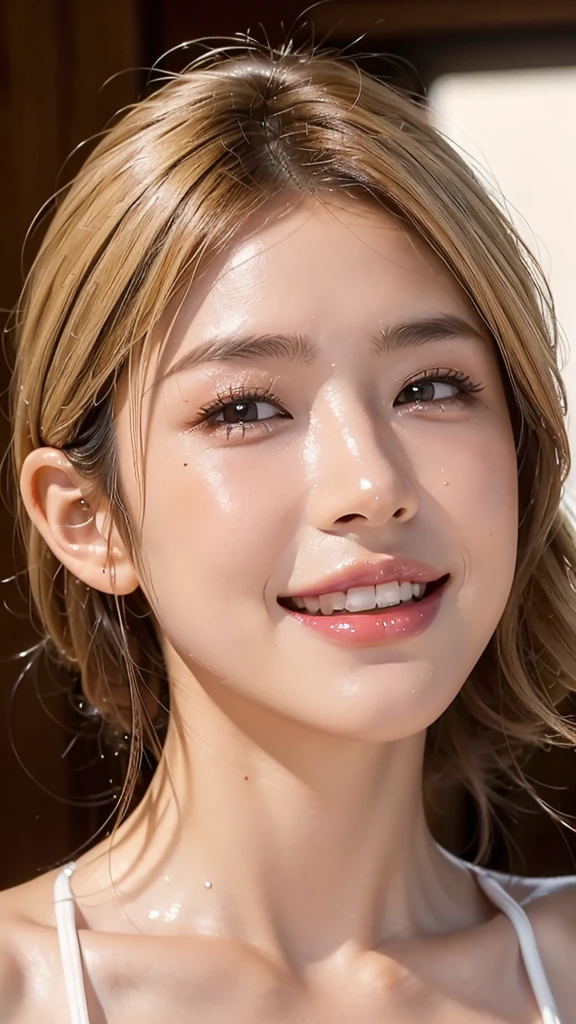 Higher quality than photo, beautiful woman with high nose, Japanese, (blonde hair 1.5), brown eyes, dark brown skin, loud pink lipstick, smiling, very oily skin, sweaty, full body, large breasts, (close-up of face 1.2), beautiful nasal cavity, large nasal cavity, one mole under eye, oily skin, (look straight up 1.3), chinup, swimsuit on, up, easy to see nostrils, close-up of face, image for nostril fetish, image that nose lovers will appreciate,