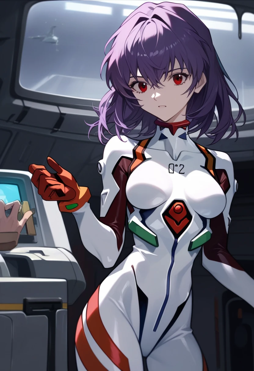  masterpiece,  Best quality , absurdities,  White clothing with red details by Pilot Eva (evangelion) 1girl, medium hair, acessório de piloto de eva no purple hair *evangelion),  dark red eyes , purple hair,  White clothing with red details by Pilot Eva (evangelion) ,  Elastic uniform , red gloves , to break nice hands,  perfect hands ,  The Beautiful Hand , Beautiful Finger , to break ( pilot's cabin :1.3), cloudy sky, Remote shooting , ( perfect anatomy ), cowboy shot, [ cinematic lighting | volumetric lighting ], looking at the viewer